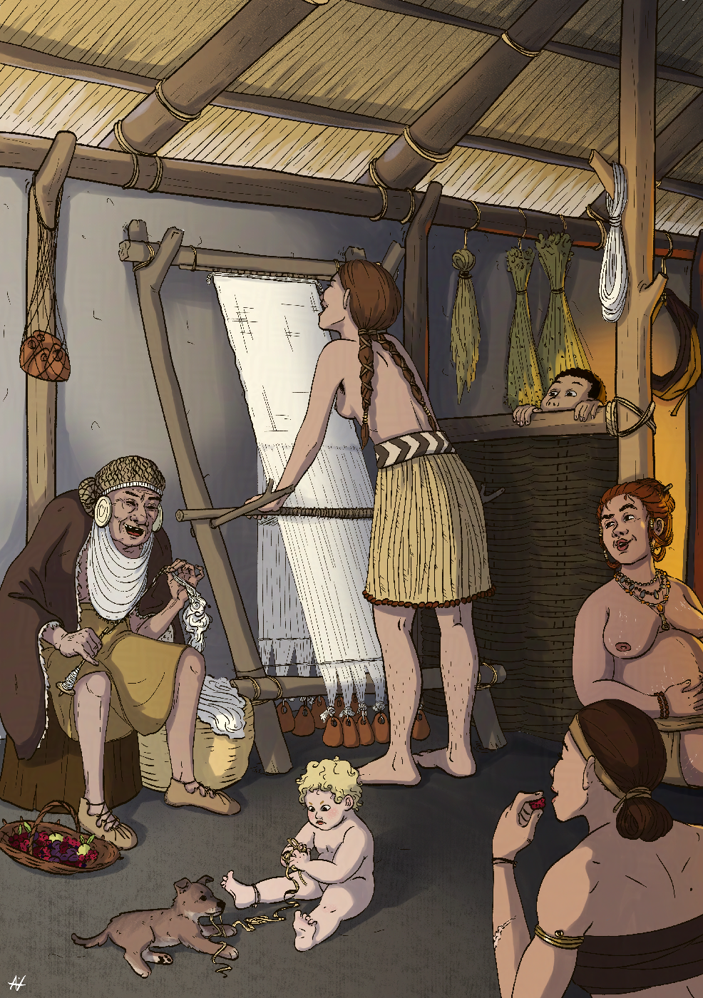 Scène de vie au Néolithique avec des personnages effectuant différentes activités liées aux textiles